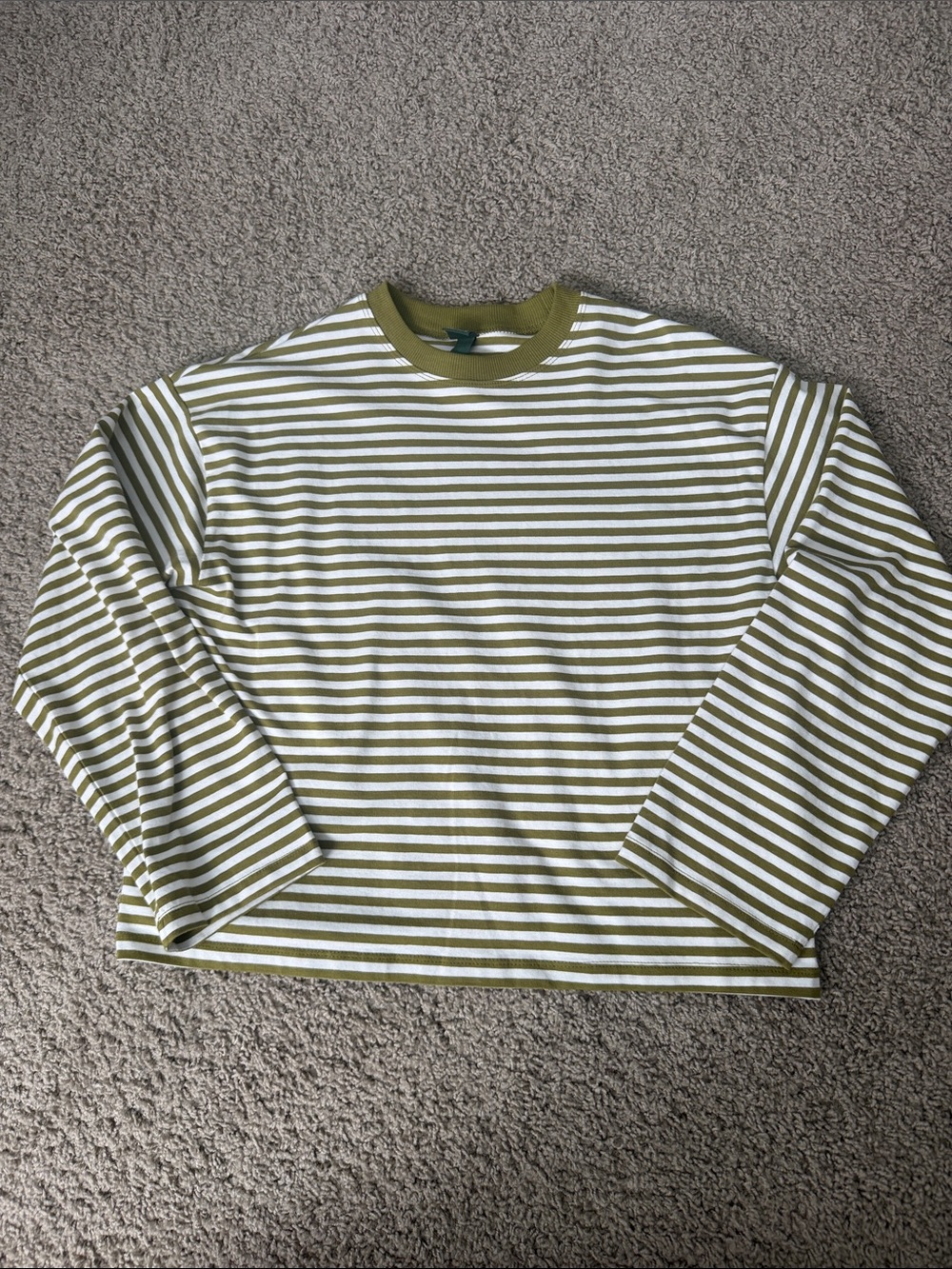 Olive and White Striped Long-Sleeve Crewneck Shirt